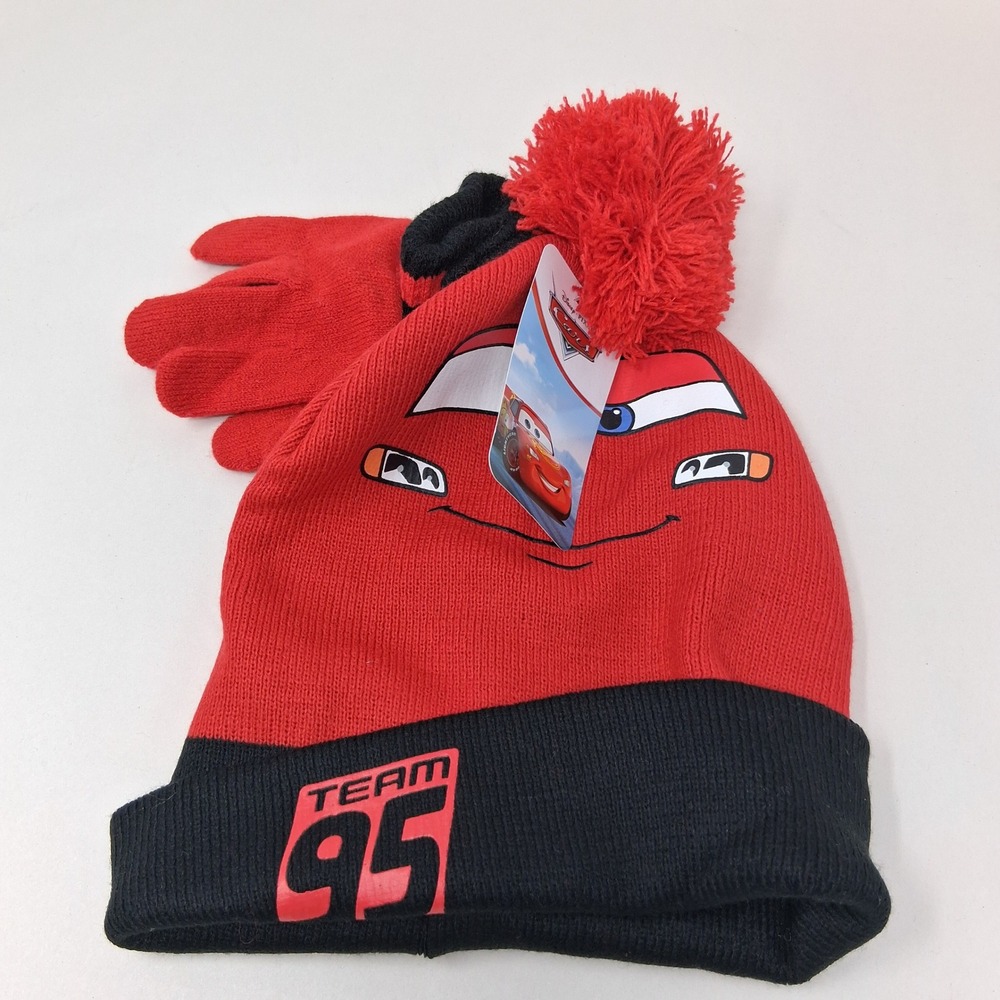 Disney Pixar Cars Lightning McQueen Beanie and Gloves Set Red Black Kids OS NEW